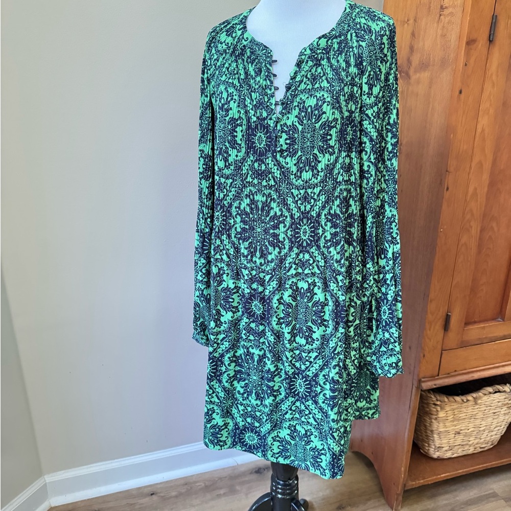 LOFT Green and Black Patterned Dress